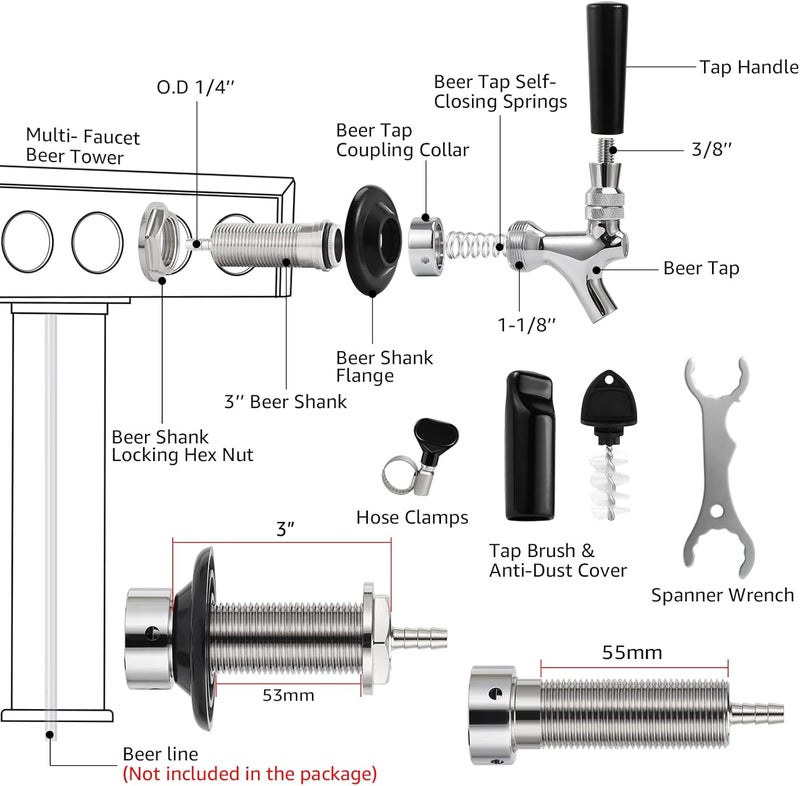 MRbrew Draft Beer Long Shank Faucet Kit, 3'' Beer Shank No Leak 1/4'' Beer Line Nipple Barb Fitting Shank Beer Tap for Kegerator Brewing with Self-Closing Tap, Stainless Steel Core for Home Beer Party - Image 2